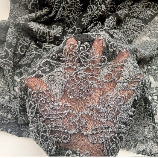 Debutante - grey embroidered lace - sold by 1/2mtr