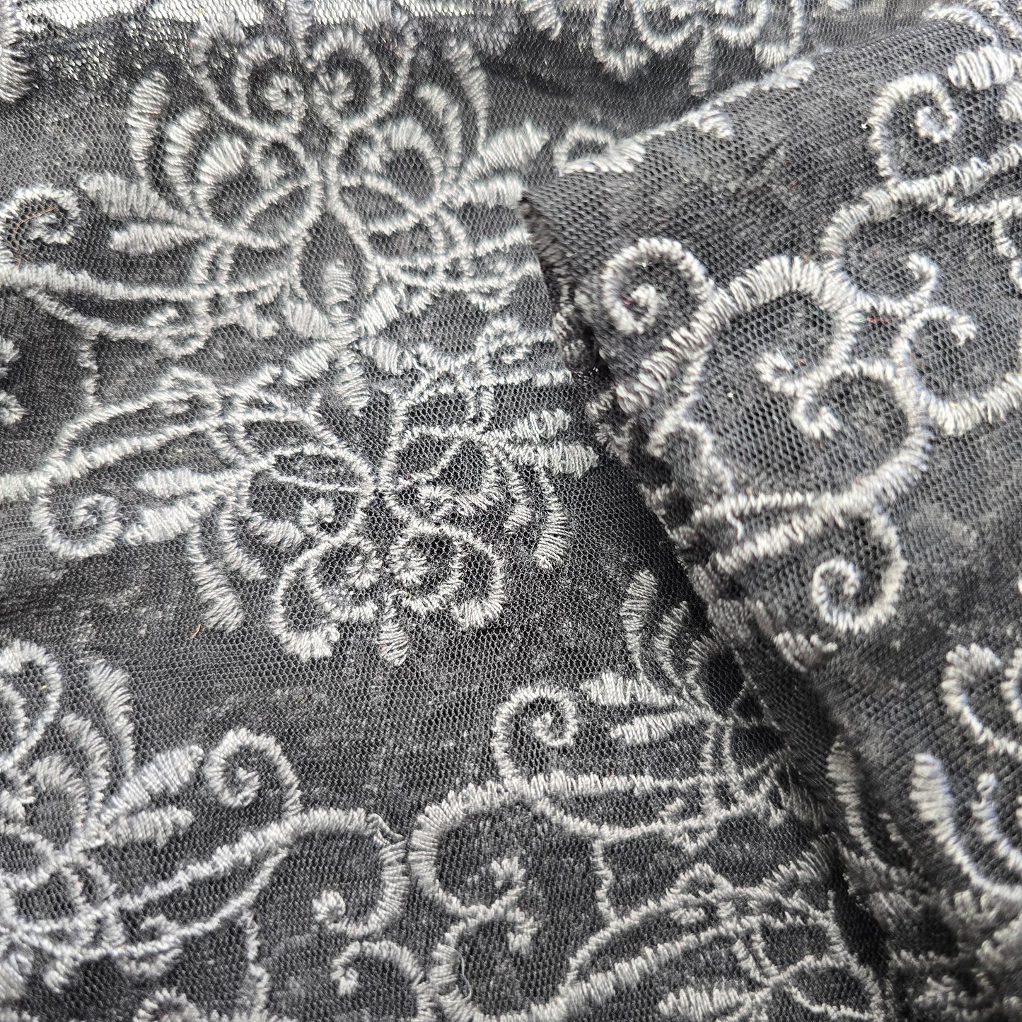 Debutante - grey embroidered lace - sold by 1/2mtr
