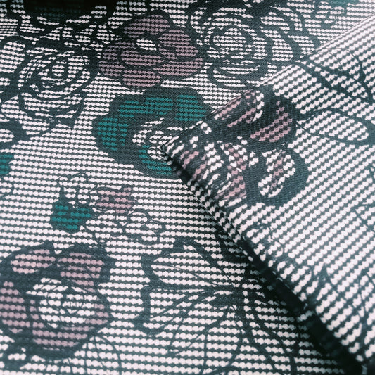 Bottle green -Herringbone/roses printed ponte - sold by 1/2mtr
